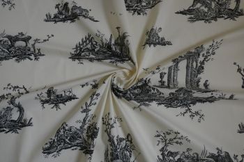 Deadstock Ex Designer 100% Cotton Chinz Poplin Lightweight Canvas 'Toile de Jouy' Print - Black