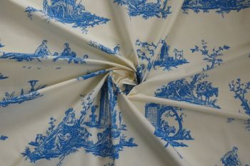 Deadstock Ex Designer 100% Cotton Chinz Poplin Lightweight Canvas 'Toile de Jouy' Print - Blue Ink