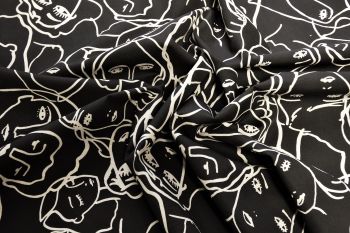 Lady McElroy Crowded Faces - Black Viscose Challis Lawn - Remnant - 3m