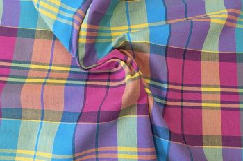 Deadstock Ex Designer 100% Cotton Yarn-Dyed Madras Check - Magenta/Yellow/Turquoise