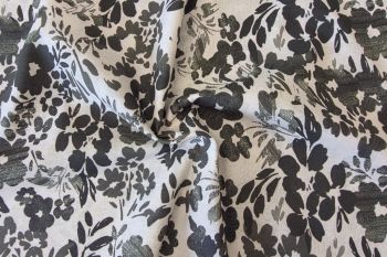 Deadstock Ex Designer Linen Mix Chambray - Floral - Olive Green/Clotted Cream