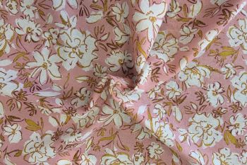 Deadstock Ex Designer Linen Mix Chambray - Floral - Blush Pink