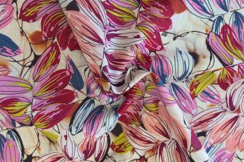 Deadstock Ex Designer Linen Mix Chambray - Floral - Burgundy/Lime