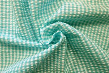 Deadstock Ex Designer Seersucker Small Gingham Check - Turquoise
