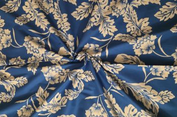 Deadstock Ex Designer Comfort Stretch Cotton Poplin Foliage Print - Saxon Blue