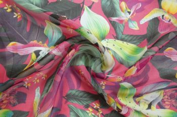 Ex Hobbs Deadstock Designer Silk Mix Delicate Floral Chiffon Voile - Raspberry